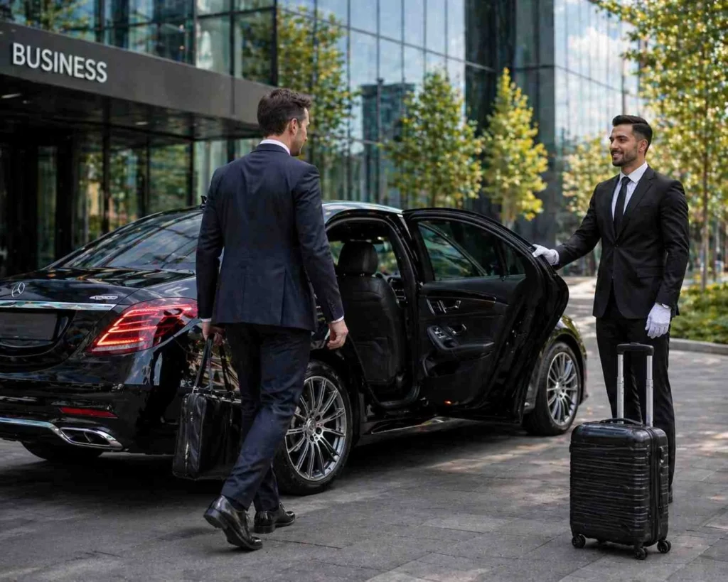 Businessman walking toward a luxury chauffeur car while professional driver holds the door open outside a modern office building