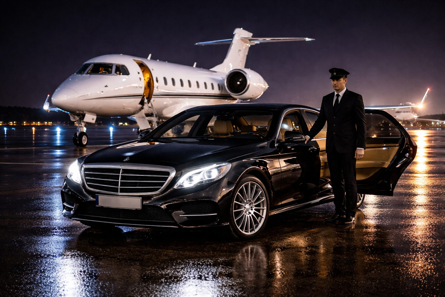 Luxury Night Airport Transfer – Private Jet & Chauffeur Service