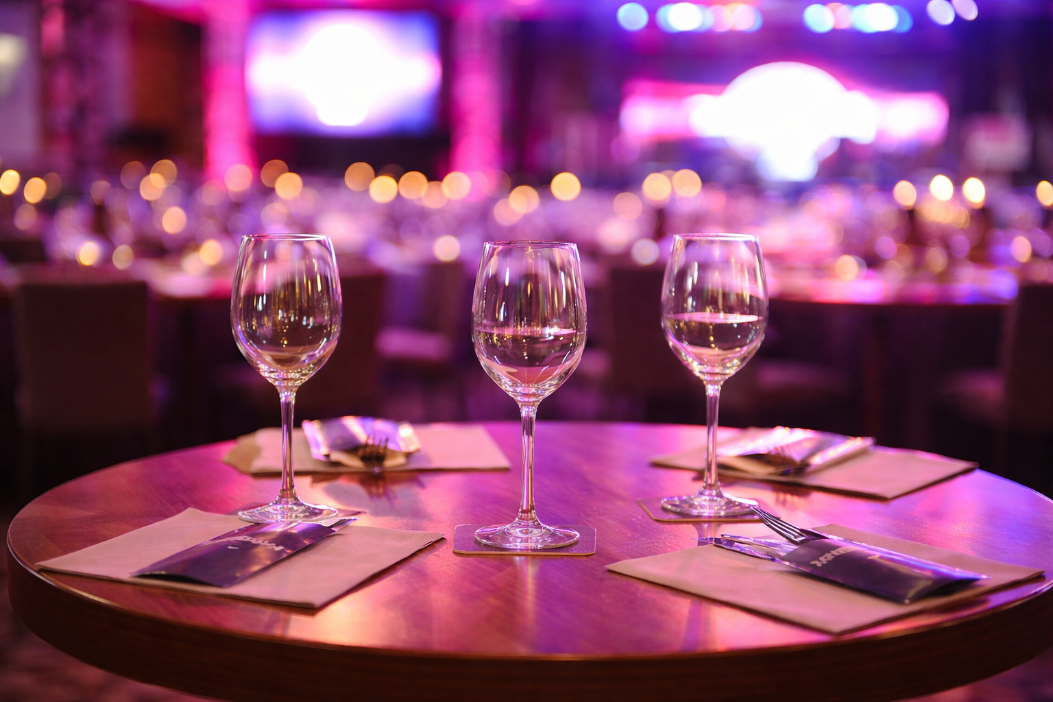 Elegant wine glasses on table setup with colorful lights at private celebration or event venue
