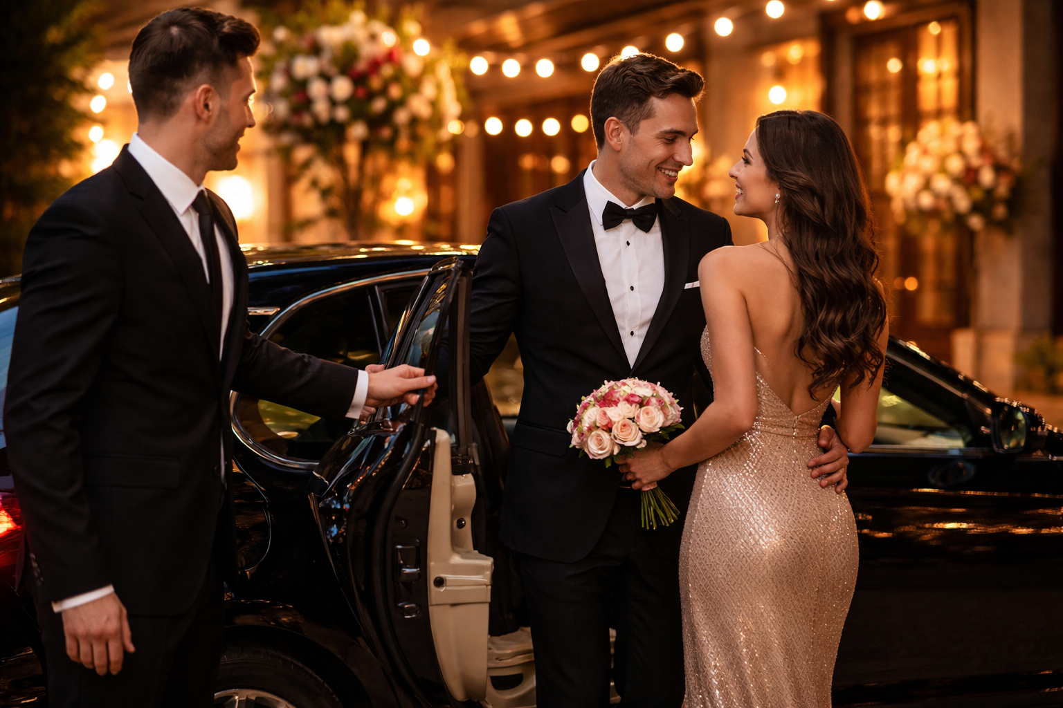 Luxury chauffeur opening car door for elegant couple arriving at private celebration event at night