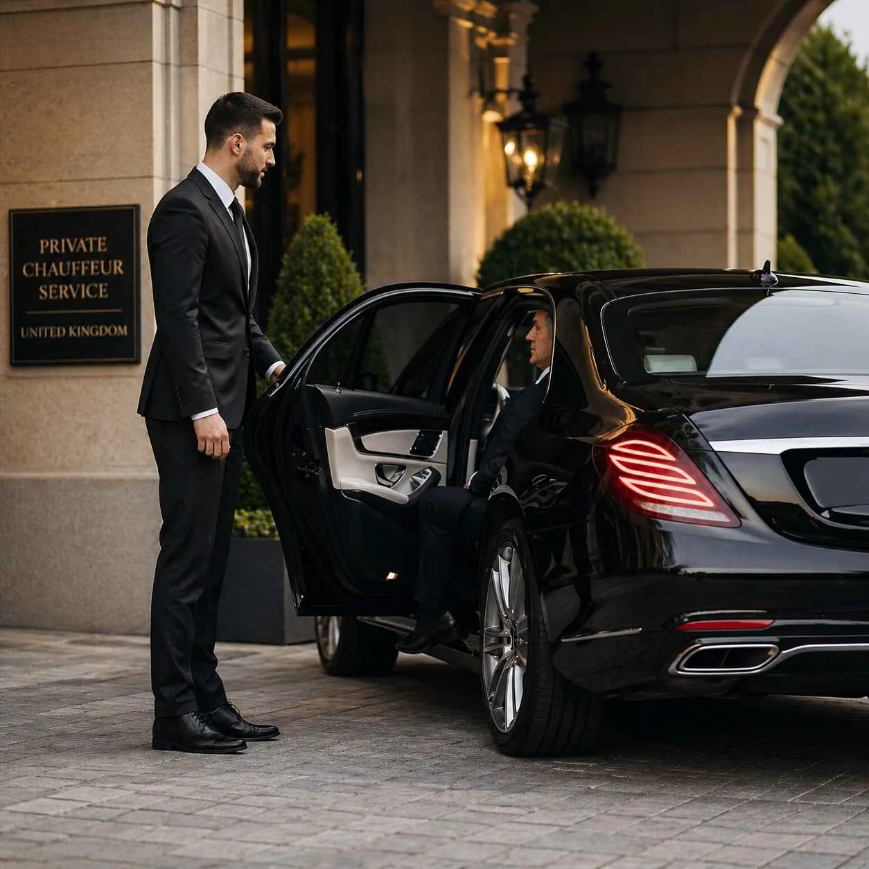 Private chauffeur service in United Kingdom with luxury black executive car and professional chauffeur assisting passenger