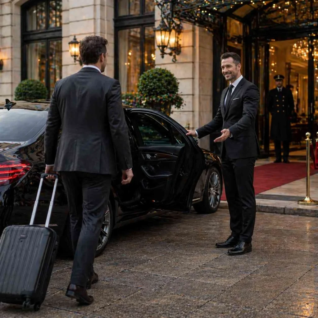 VIP guest walking toward a luxury chauffeur car with suitcase while driver welcomes him outside a premium hotel entrance