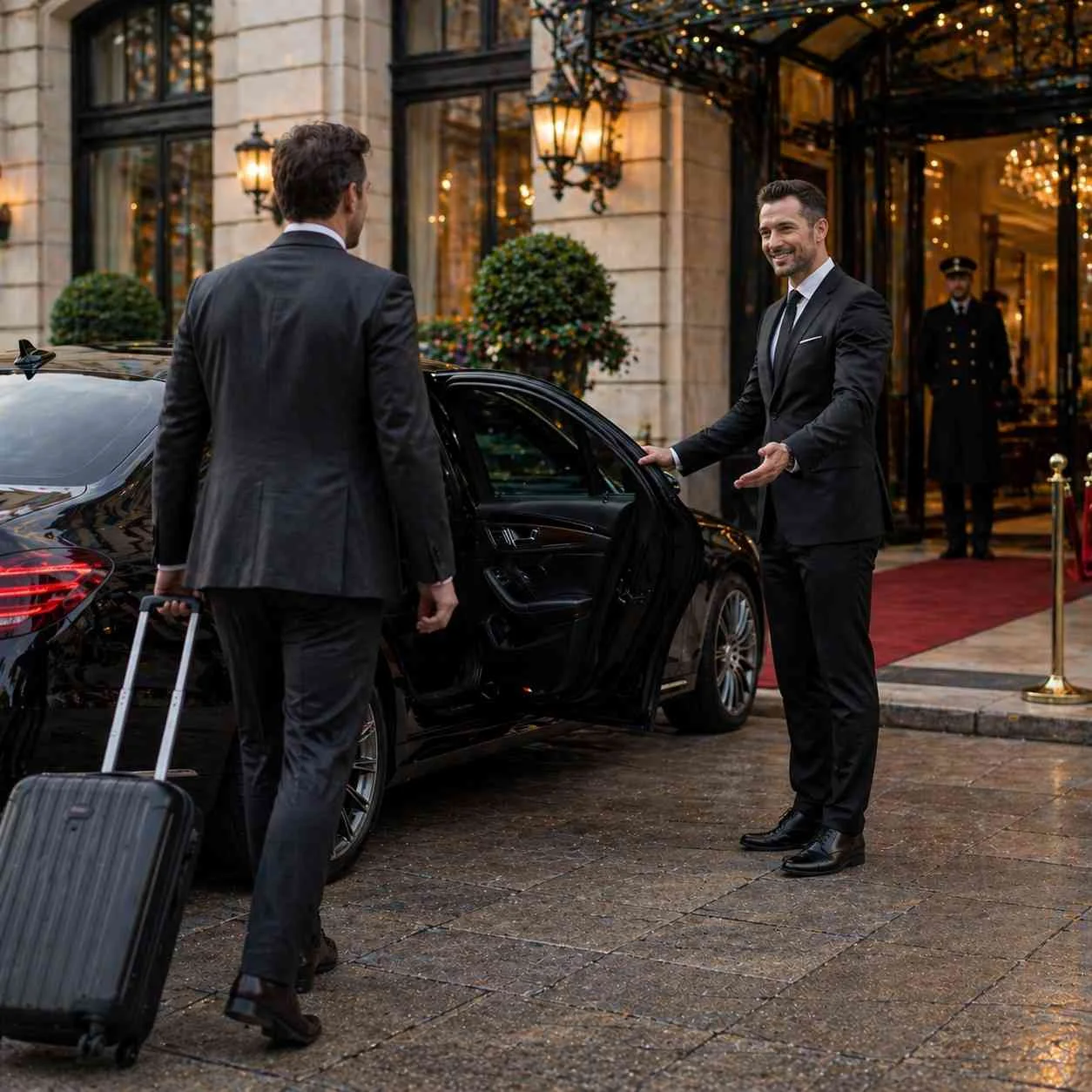 VIP guest walking toward a luxury chauffeur car with suitcase while driver welcomes him outside a premium hotel entrance