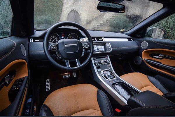 State-of-the-art interior of a Range Rover, with a modern dashboard and advanced controls, ensuring a smooth drive across London.