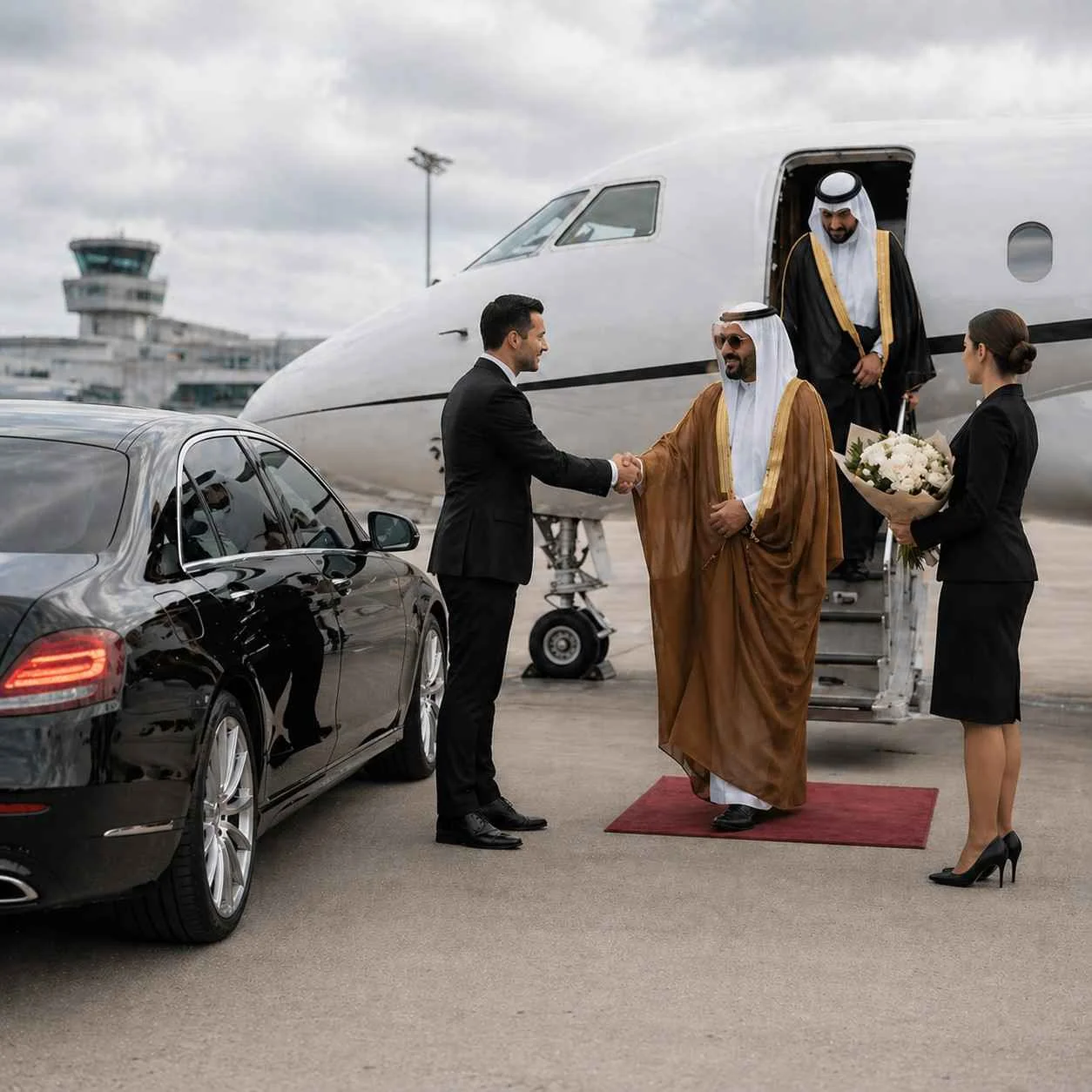 VIP guest greeting chauffeur beside luxury car with closed door near private jet