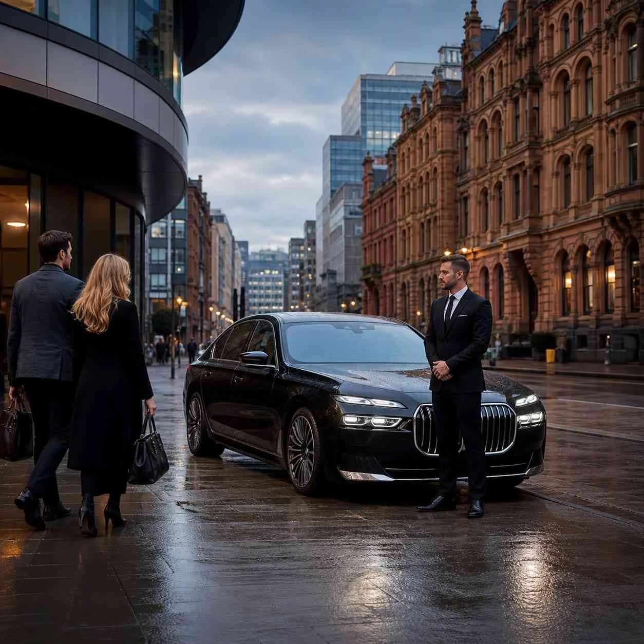 Luxury black BMW 7 Series chauffeur car parked on a wet street in Manchester city centre with chauffeur and passengers approaching