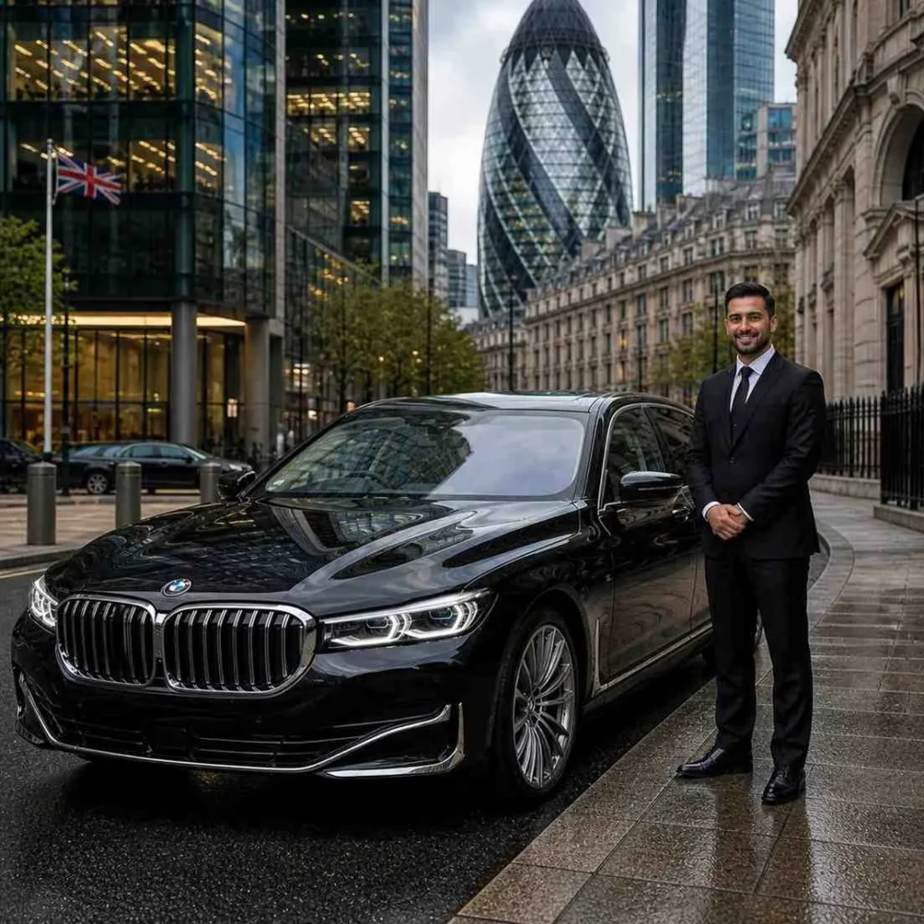 BMW 7 Series luxury chauffeur car parked in a modern UK city street with a professional driver standing beside it, no visible number plate and chauffeur without cap
