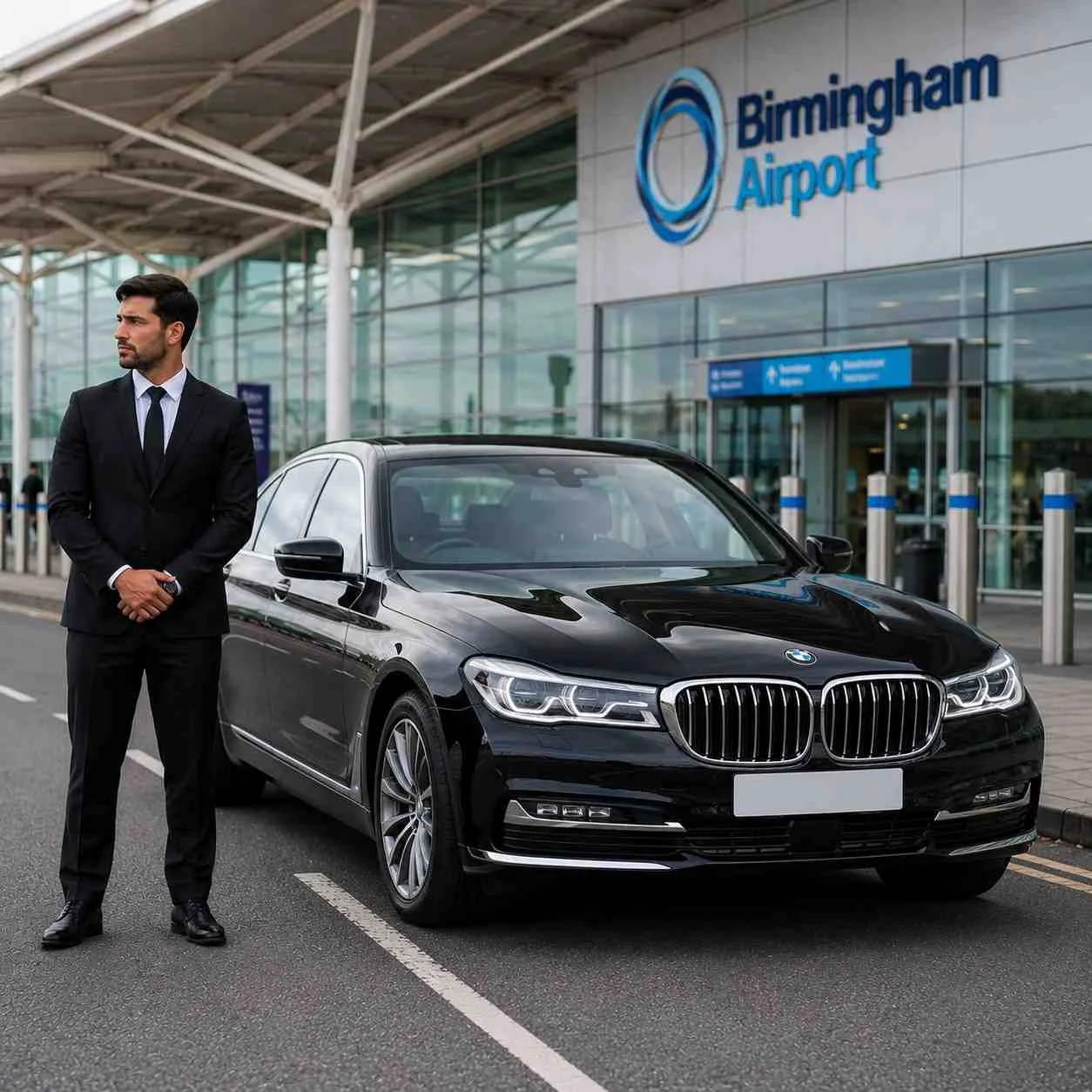 Black BMW 7 Series luxury car with professional chauffeur standing beside it outside Birmingham Airport terminal.