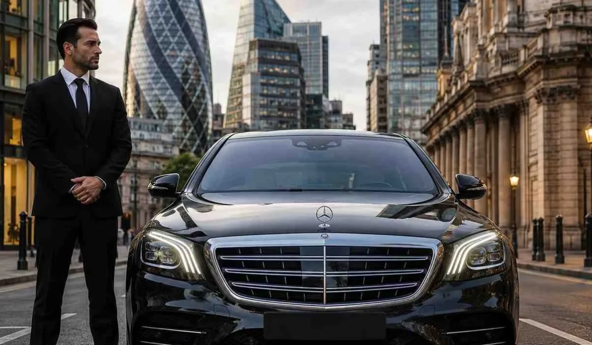 Professional chauffeur standing beside a luxury black sedan viewed from the front in the City of London, wearing a formal suit without hat, with number plate hidden
