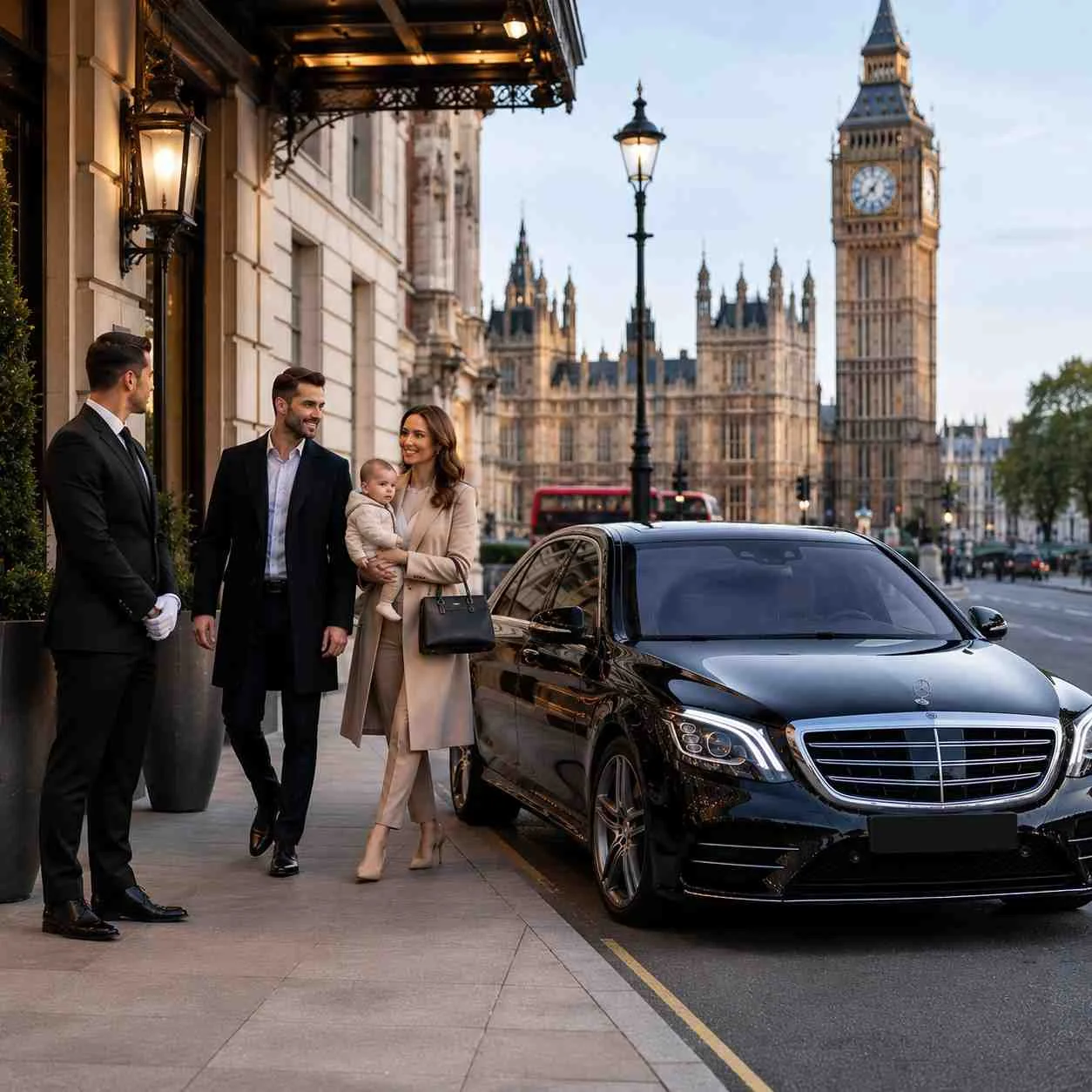 Premium chauffeur service scene showing a professional driver greeting a stylish couple carrying a baby as they approach a luxury executive vehicle. The car doors are closed, with no visible branding or number plate, set in a clean modern business district—perfect for family-friendly chauffeur, airport transfers, and private hire services.