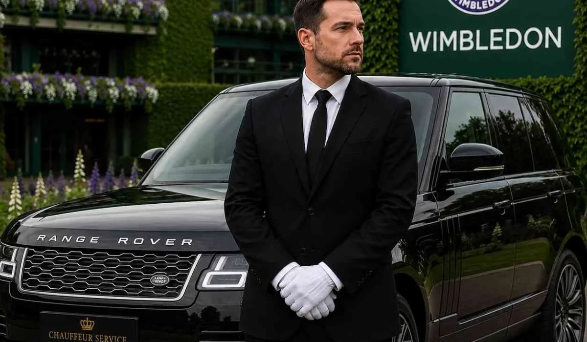 Luxury chauffeur standing beside a black Range Rover at Wimbledon entrance in formal uniform