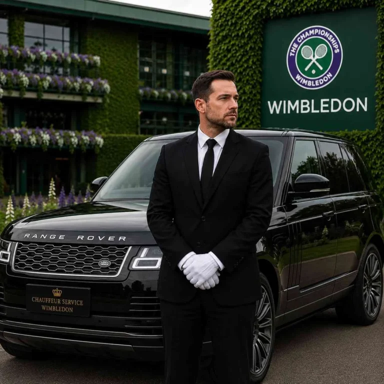 Luxury chauffeur standing beside a black Range Rover at Wimbledon entrance in formal uniform