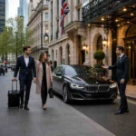 Professional chauffeur welcoming two arriving passengers near a luxury BMW 7 Series on a UK city street, car door closed and no visible number plate