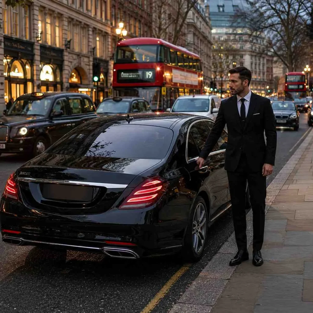 Professional chauffeur opening a luxury black sedan door on a busy city street with traffic and evening lights in the background.