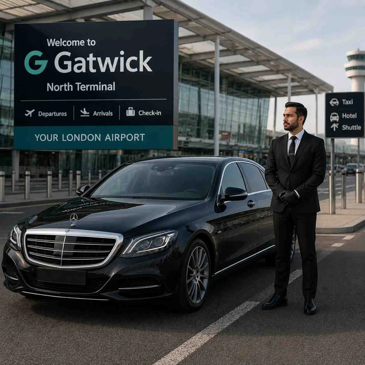 Professional Gatwick Airport transfer chauffeur standing beside a luxury black executive car outside Gatwick Airport with closed doors and hidden number plate.