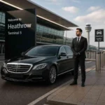 Professional Heathrow Airport transfer chauffeur standing beside a luxury black sedan outside Heathrow Terminal 5 with closed doors and hidden number plate.