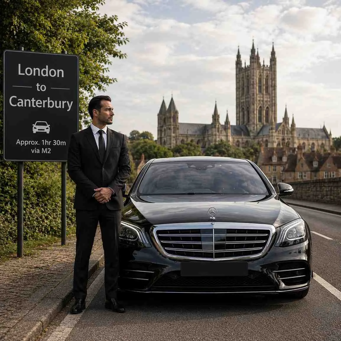 Professional chauffeur standing beside a luxury black sedan on a London to Canterbury route with a directional road sign and cathedral in the background, number plate hidden and no hat