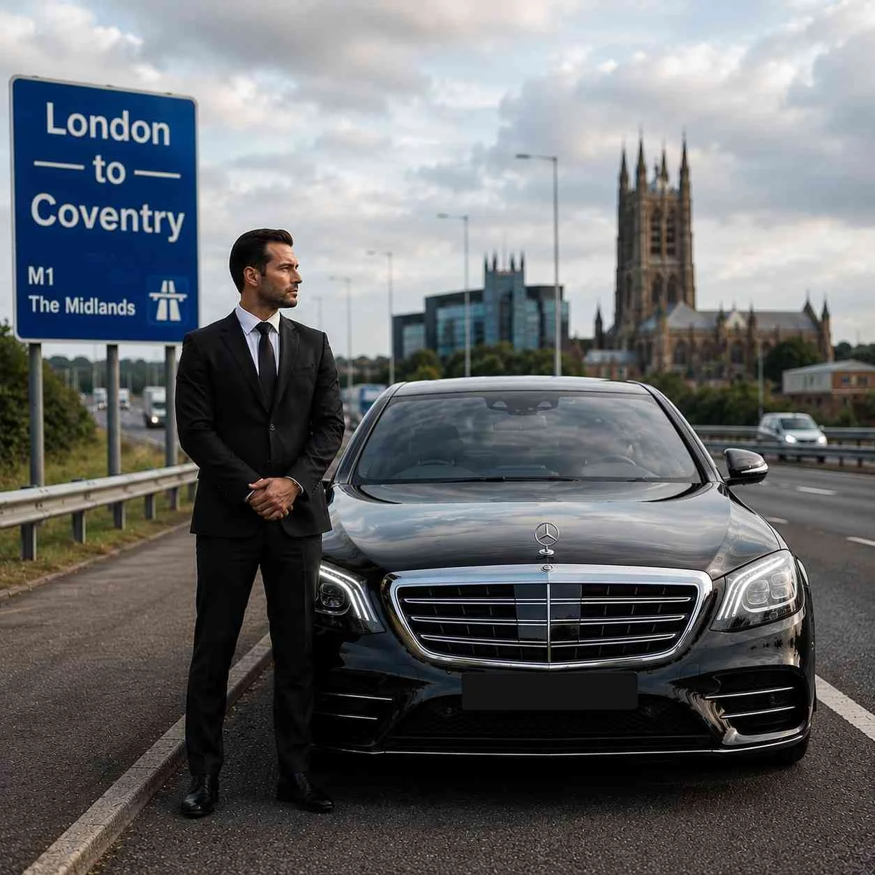 Professional chauffeur standing beside a luxury black sedan on a London to Coventry route with a motorway sign, no hat, and number plate hidden