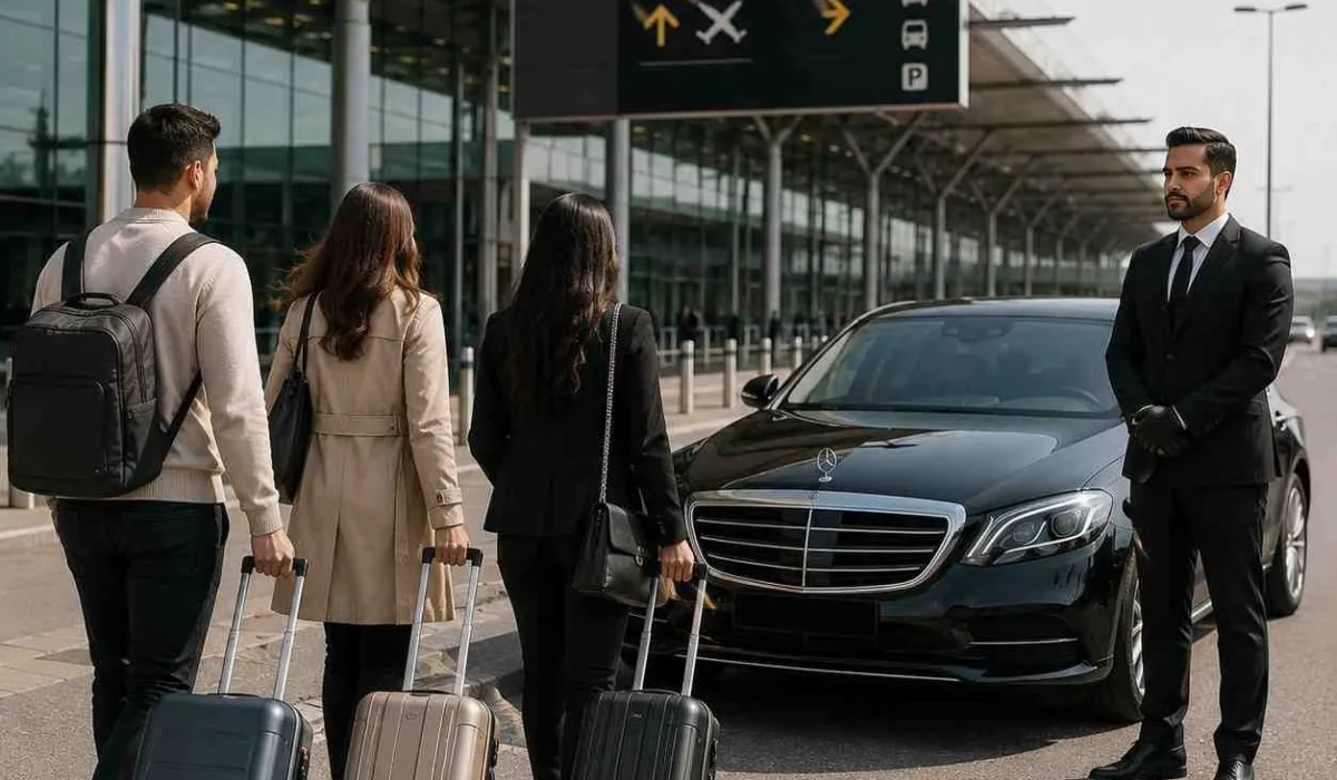 Three passengers walking with luggage toward a luxury black chauffeur car outside a modern airport terminal with a professional driver waiting.