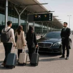Three passengers walking with luggage toward a luxury black chauffeur car outside a modern airport terminal with a professional driver waiting.
