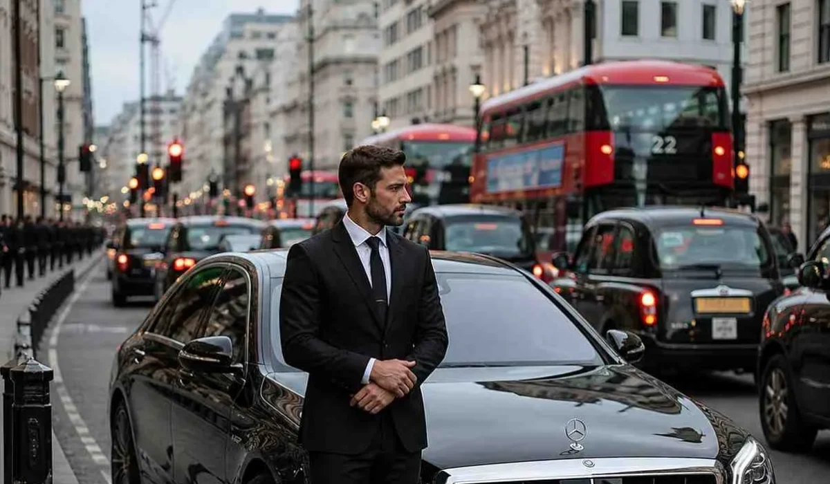 Professional chauffeur standing beside a black luxury sedan in a busy city traffic area with cars, taxis, and buses in the background.