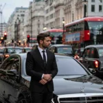 Professional chauffeur standing beside a black luxury sedan in a busy city traffic area with cars, taxis, and buses in the background.