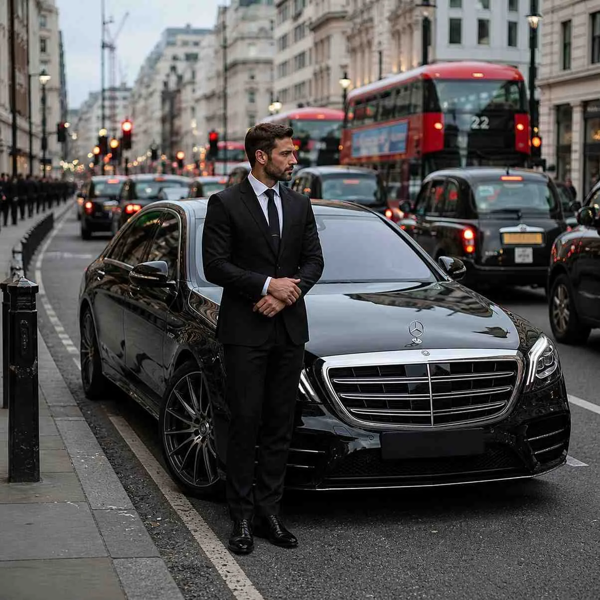 Professional chauffeur standing beside a black luxury sedan in a busy city traffic area with cars, taxis, and buses in the background.