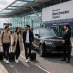Passengers with luggage walking near a black luxury SUV and professional chauffeur outside Manchester Airport terminal.