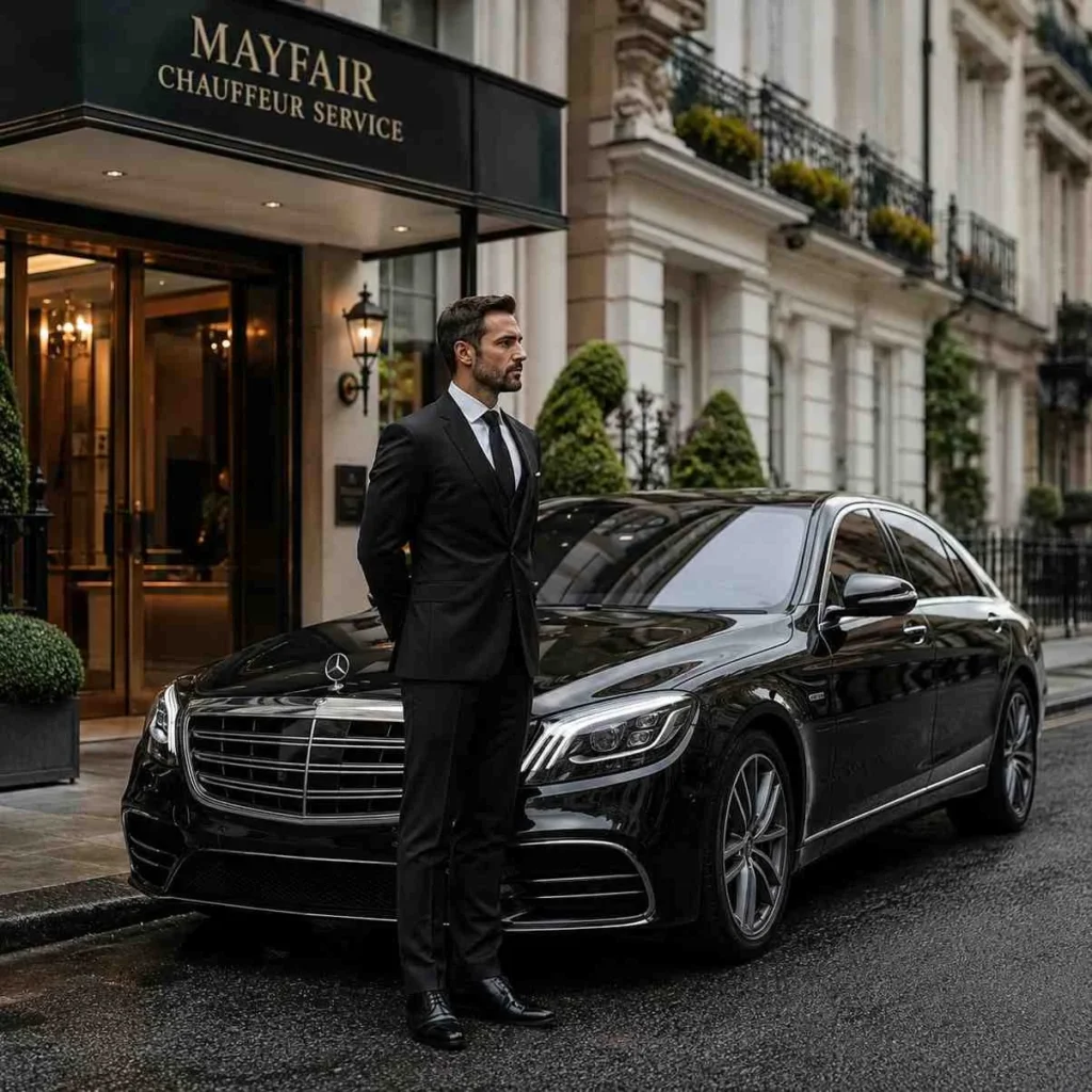 Professional Mayfair chauffeur standing beside a luxury black Mercedes sedan outside an upscale London property in Mayfair with blurred number plate.