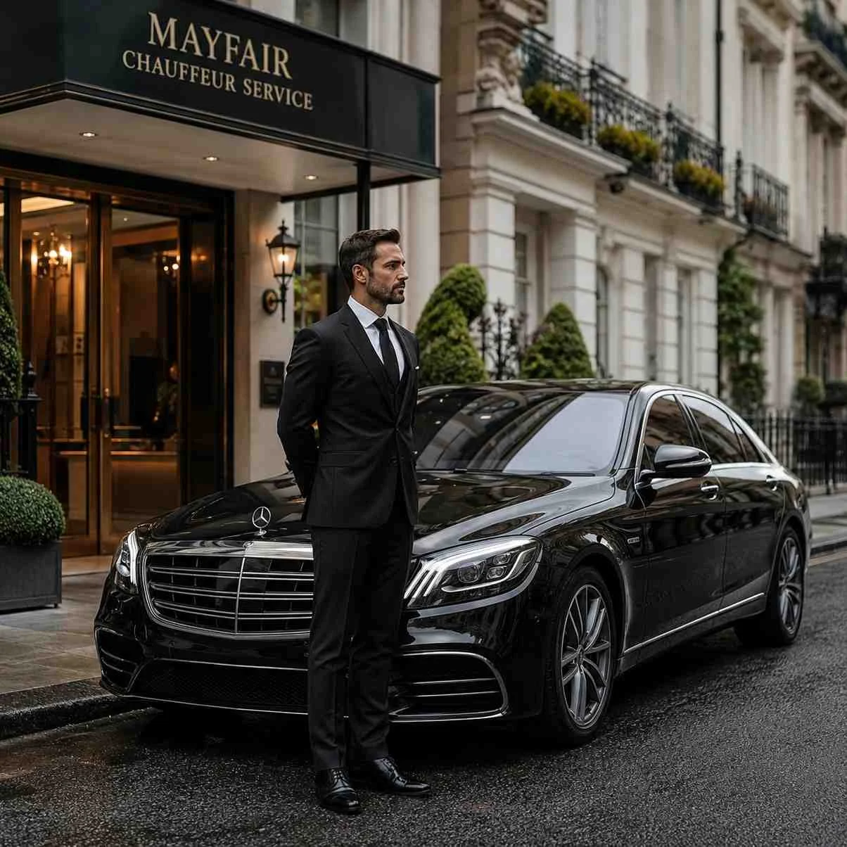 Professional Mayfair chauffeur standing beside a luxury black Mercedes sedan outside an upscale London property in Mayfair with blurred number plate.