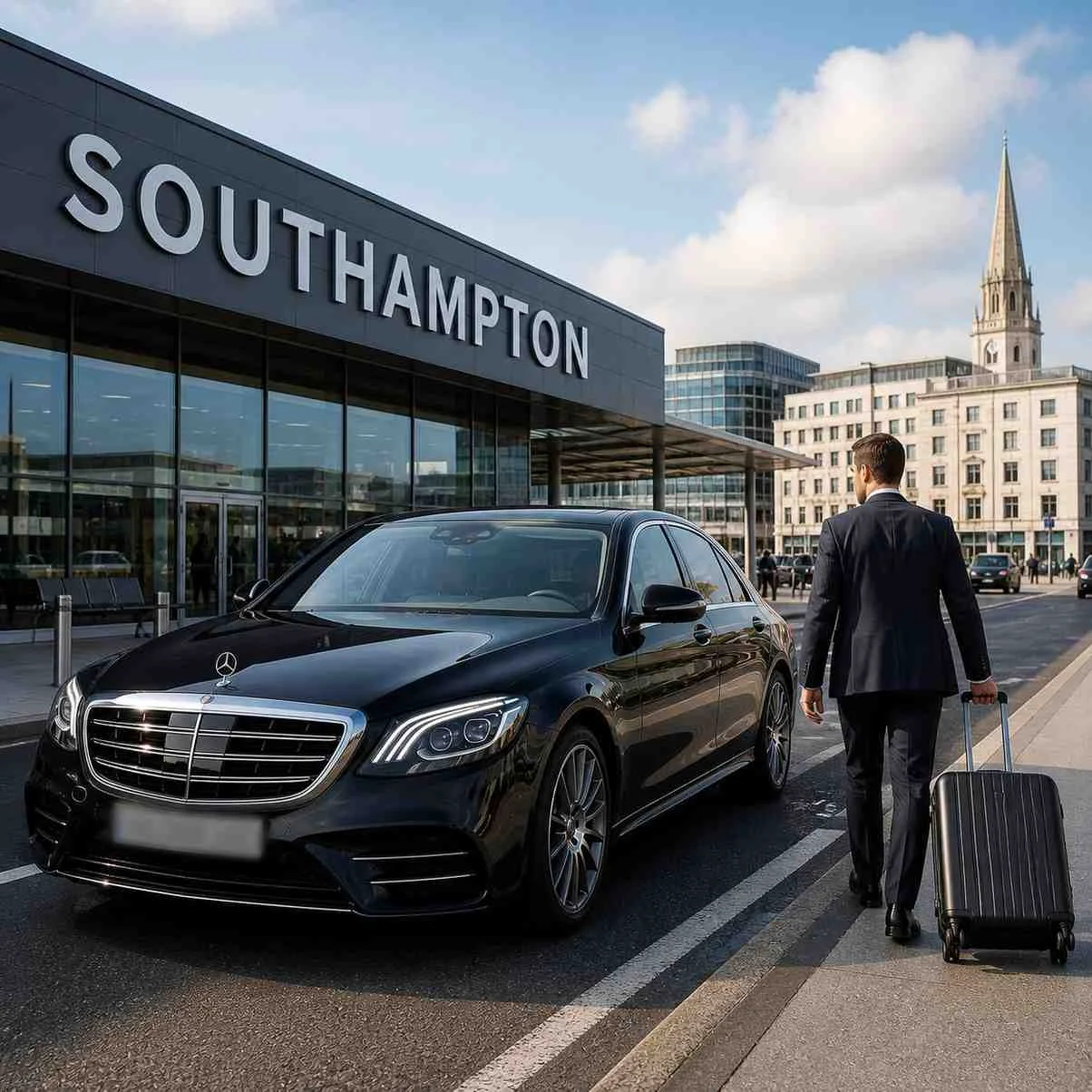 Businessman with suitcase walking toward a black luxury chauffeur car outside a building labeled Southampton, number plate blurred.