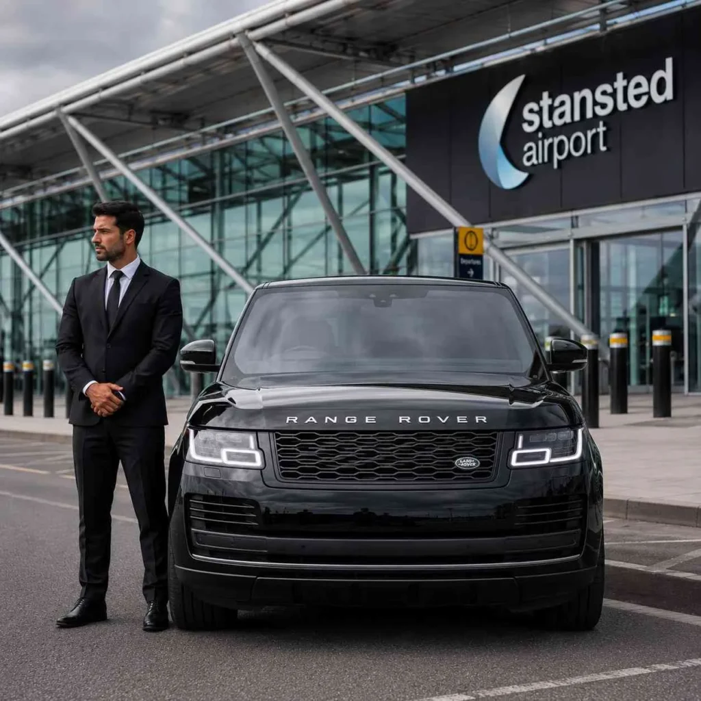 Professional chauffeur standing beside a black Range Rover outside Stansted Airport terminal in the UK.