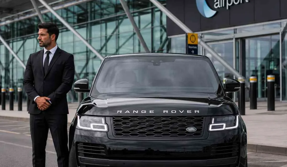 Professional chauffeur standing beside a black Range Rover outside Stansted Airport terminal in the UK.