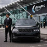 Professional chauffeur standing beside a black Range Rover outside Stansted Airport terminal in the UK.