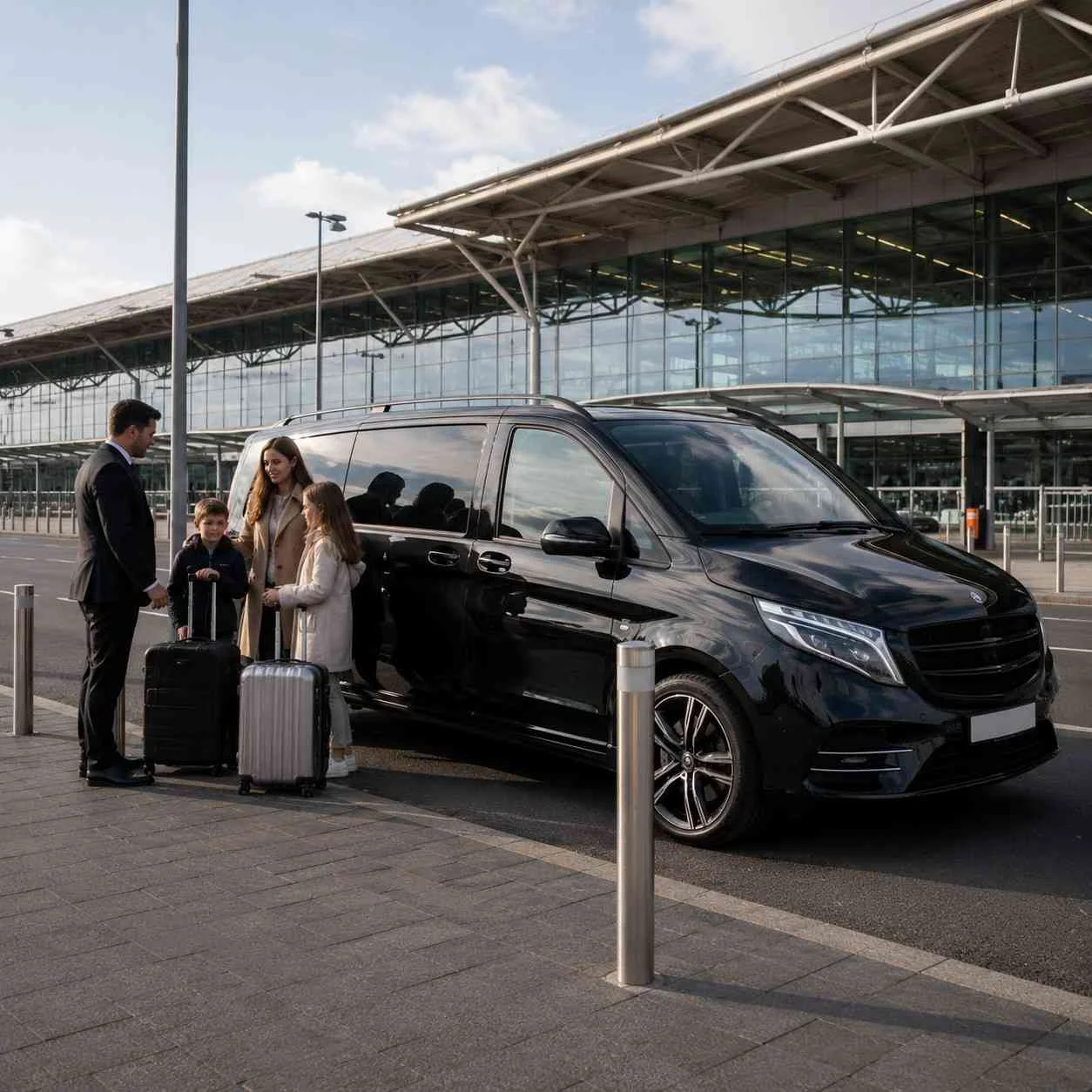 Luxury Mercedes-Benz V-Class with all doors closed at Gatwick South Terminal as a professional chauffeur assists a family with luggage for an airport transfer from Canterbury.