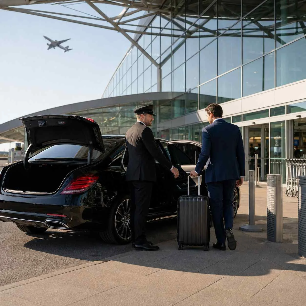Luxury chauffeur assisting a business traveller with luggage beside a black Mercedes-Benz S-Class at Heathrow Terminal 5 for a premium airport transfer from Canterbury.