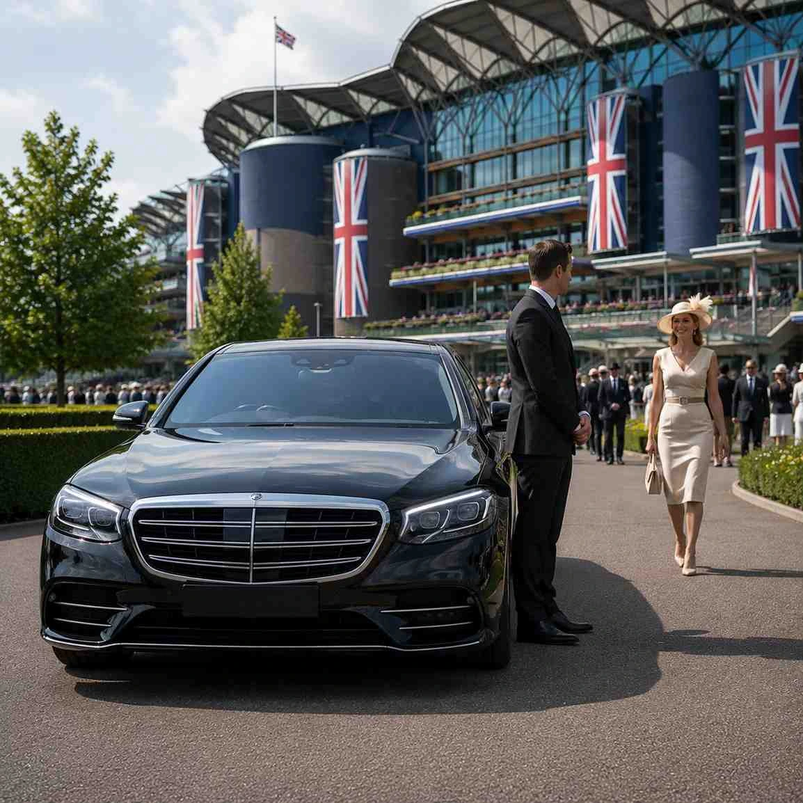 Black Mercedes-Benz S-Class with chauffeur and VIP passenger at Royal Ascot racecourse