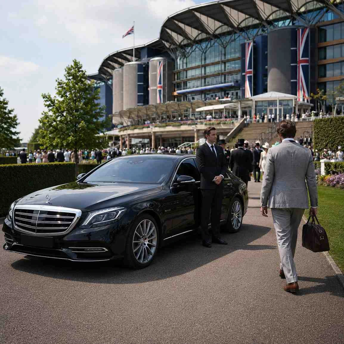 Black Mercedes-Benz S-Class with professional chauffeur and VIP passenger at Royal Ascot racecourse