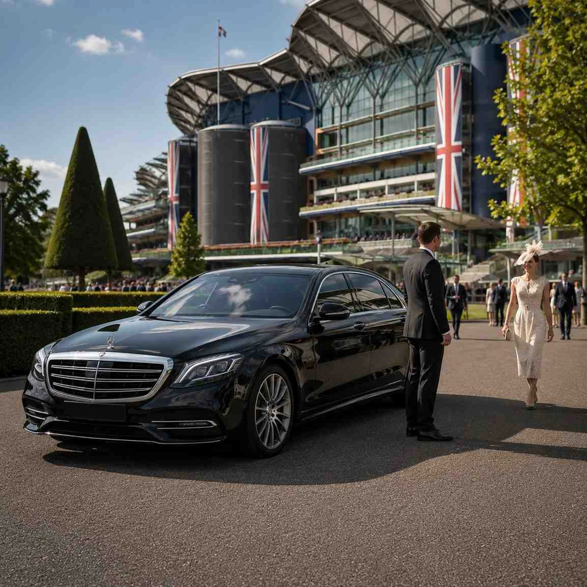 Premium black Mercedes-Benz S-Class with a professional chauffeur welcoming an elegantly dressed VIP passenger outside the grand Royal Ascot racecourse in Berkshire, surrounded by manicured greenery and a refined British horse racing atmosphere.